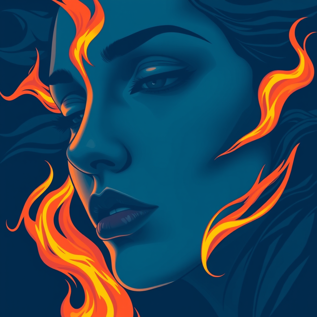 A tee shirt design of a close up of a woman's face, inspired by the sun, so something that feels passionate with whipping flames accenting, but otherwise, cool almost sad color palette. Like deep blue with maybe a little purple, but this whole design should look soulful. Like a deep, passionate, soulful embodiment of the sun. - Image