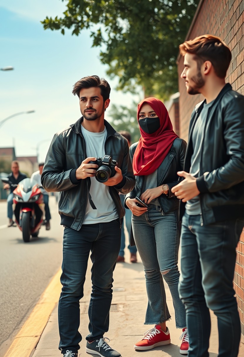 Jamie Dornan and Freddie Prinze, head and body shot, handsome, young, serious face, dark brown hair, white T-shirt, collage jacket, skinny jeans, sneakers, standing, discussing with two guys and a short, slim Muslim girl in a red hijab, beautiful eyes, black face mask, black leather jacket, grey long T-shirt, bell-bottom cutting jeans, red sneakers, holding a Canon DSLR camera, near a town road, superbike, hyper-realistic, street photography, brick wall, full body photo, with five other random American smiling friends in the background. - Image