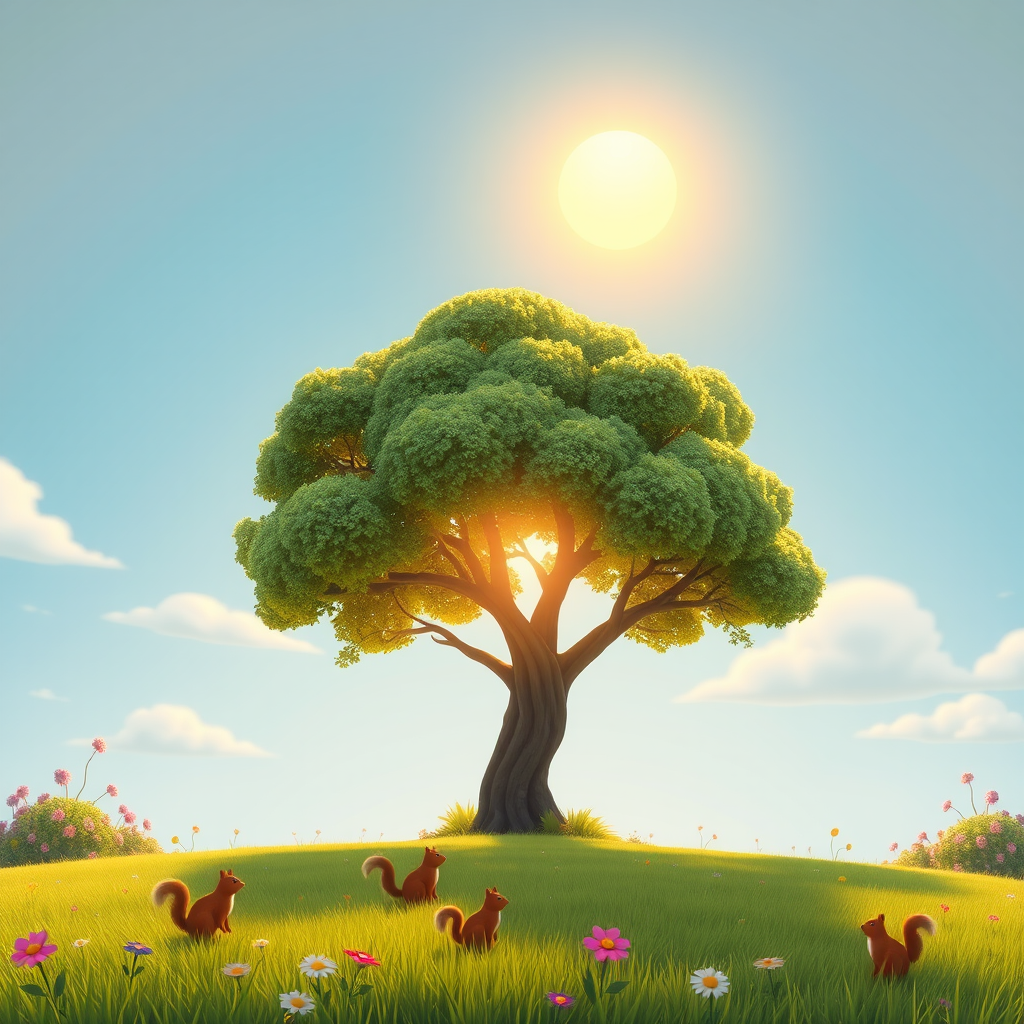 One sunny morning, the sun was just rising, and there were faint clouds in the sky. An open meadow with a big tree in the middle, flowers and bushes around it, a blue sky and a bright sun. There are several small animals on the grass, such as squirrels and birds, playing happily. Cartoon, 3d, 4k, 16:9. - Image