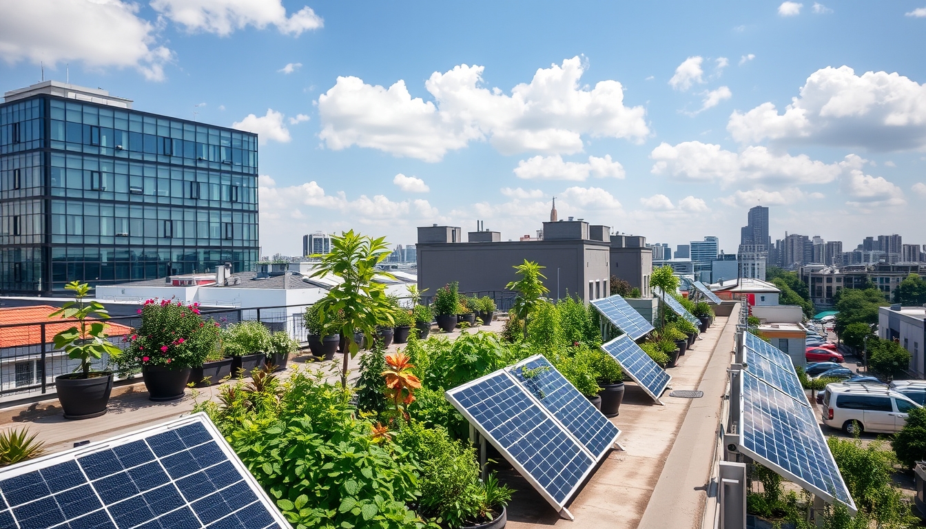 Urban rooftop gardens with solar panels, illustrating sustainable living.