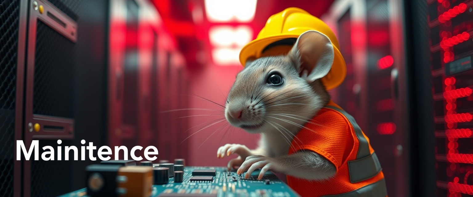 A small mouse with a hard hat and high visibility vest is repairing a circuit board. The mouse has a serious look in his eyes. The background shows a server room with only red emergency lighting, creating a red ambient light. (Text in the background saying "Maintenance").