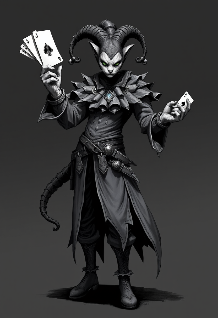 Full body concept art of a jester in an action pose, medieval fantasy style character design in the style of Greg Rutkowski and Joe Madureira, dark grey background, holding a poker card, greyscale, the jester's face is a cat.