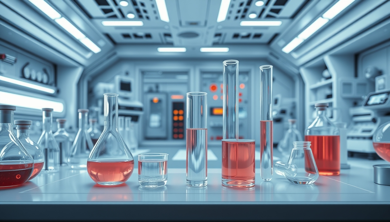 A futuristic laboratory with glass test tubes and advanced scientific equipment.