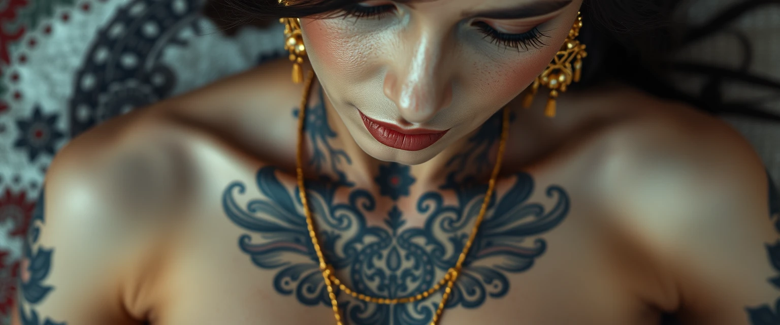 Close-up view of the tattooed chest of a Korean-Indian woman with white skin, beautiful facial features, and blue eyes, wearing gold ornaments, laying down with her face hanging down.