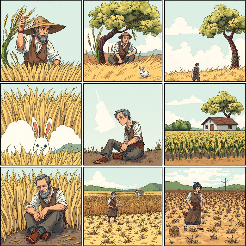 The image style is "cyberpunk," featuring an ancient farmer in a nine-grid. The characters in each scene will all use the same farmer, ensuring that the face shape and clothing remain consistent throughout. In the first panel, the farmer is harvesting wheat. In the second panel, the farmer is sitting under a tree, a rabbit rushing to the tree. In the third panel, a rabbit is in the farmer's hand. In the fourth panel, the farmer is walking toward a house. In the fifth panel, the farmer sits under the tree. In the sixth panel, the farmer sighs while sitting under the tree. In the seventh panel, the farmer stares blankly at the sky. In the eighth panel, the crops have withered. In the ninth panel, the farmer is planting seeds in the field.