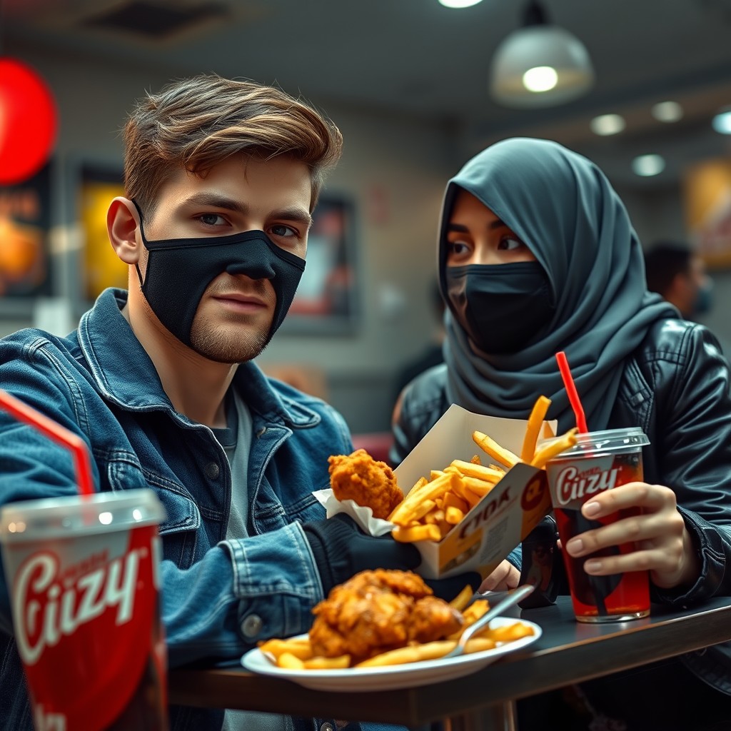 Jamie Dornan's head and body shot, handsome young man, black face mask, blue jeans jacket, jeans, dating a lovely Muslim girl in a grey hijab, beautiful eyes, black face mask, black leather jacket, biggest floral skirt, at a fast food restaurant, plate of Korean fried chicken and fries, soft drink fizzy cola, photorealistic, hyper-realistic, street photography, selfie.