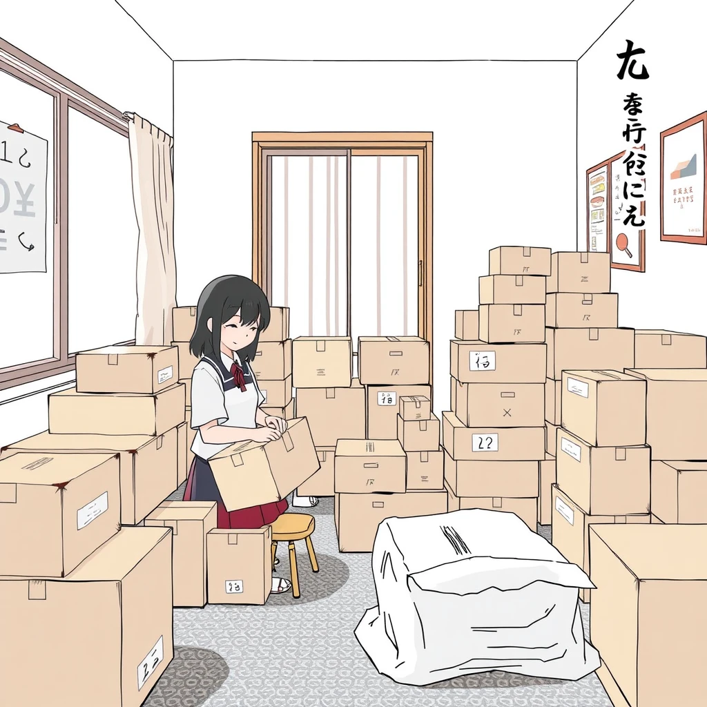 In the room, there is a girl unpacking deliveries, and there are many delivery boxes. Additionally, there should be Chinese characters or Japanese. - Image