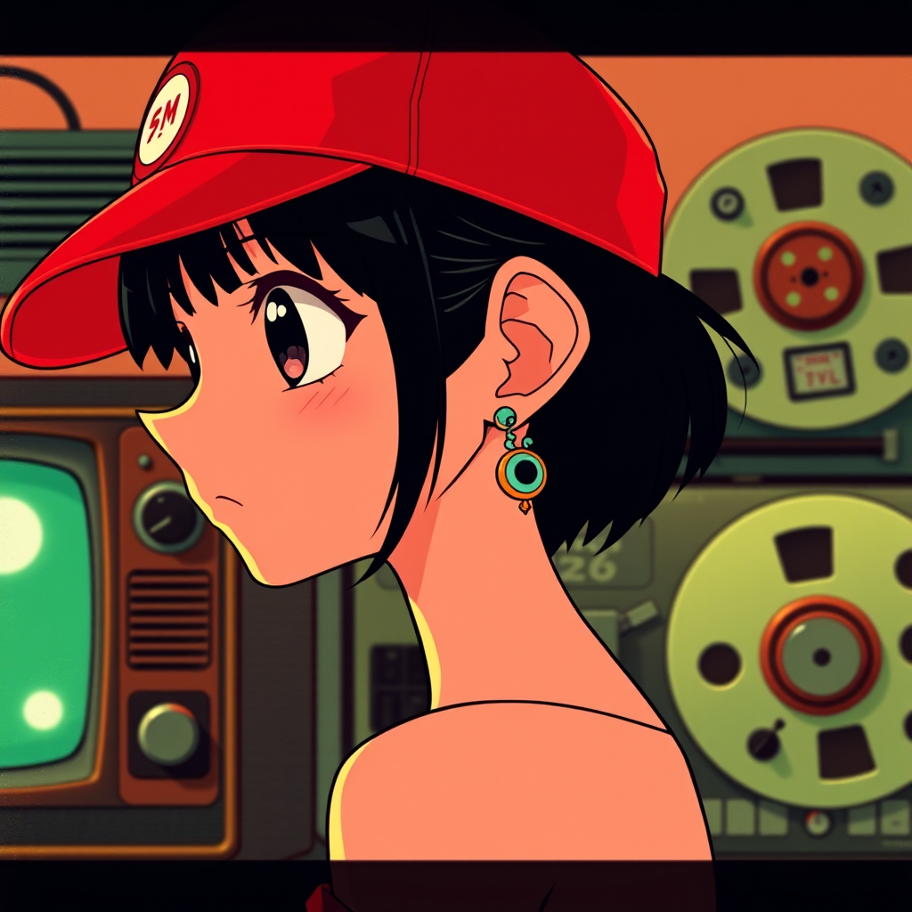 The image features an animated female character in a close-up profile view. She has large, expressive eyes, dark hair, and is wearing a red baseball cap with a circular emblem on the front. Her ears are adorned with multiple earrings, and she appears contemplative or daydreaming. The background includes retro technology elements, specifically an old-fashioned television and a reel-to-reel tape recorder with visible spools and VU meters. The color palette is vivid with a dominance of reds, greens, and yellows, and there is a distinct graininess to the texture, suggesting a vintage, nostalgic atmosphere. The style is reminiscent of 1980s anime and could be inspired by the works of Japanese directors like Hayao Miyazaki or the aesthetic of "Akira" by Katsuhiro Otomo. The overall effect evokes a sense of retro-futurism and introspection.

‘Tech spec’: Size: 1300x768 pixels; Resolution: Appears to be high, with clear details and defined edges; Camera angle: Straight-on profile view; Lighting: Appears to be artificial, flat with soft shadows, contributing to the illustrative quality; Lens: Not applicable as this is a digital illustration. - Image