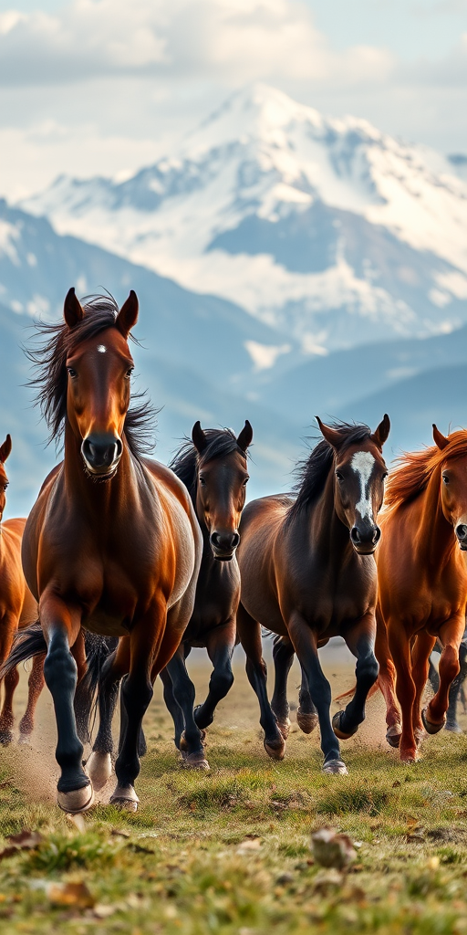 A group of horses running in front of snow-capped mountains in Kazakhstan, by David G. Sorensen, a photo, fine art, majestic horses, galloping, equine photography, in the steppe, horses, 8k award-winning photograph.