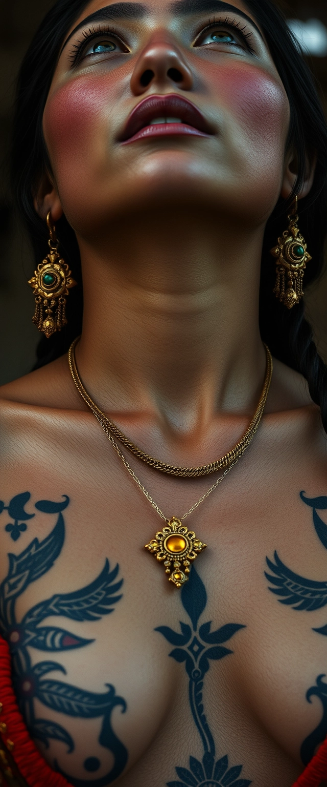 Close-up view of the tattooed chest of a Korean Indian woman with white skin, beautiful facial features, and blue eyes, wearing gold ornaments and looking upwards.