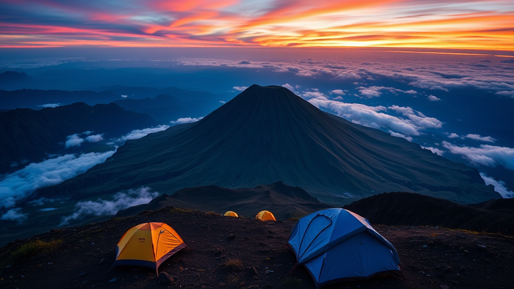 a mountain in the middle of, Rudy Siswanto, art photography, flickr contest winner, tents, vibrant sunrise, at sunrise, trending on 500px, trending on 500 px, during dawn - Image