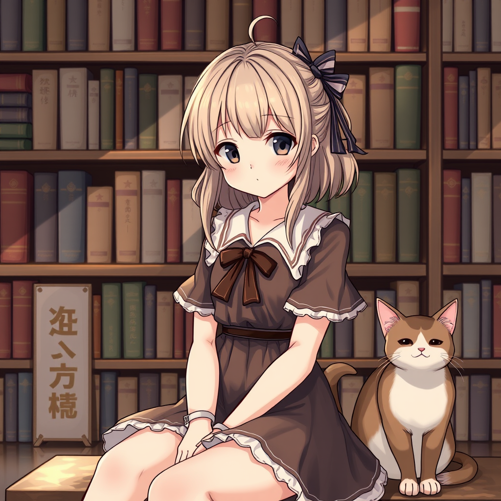 Final fantasy style, young women, nice outfit, short dress, whole, front face, with a cat sitting beside, background is a bookstore.