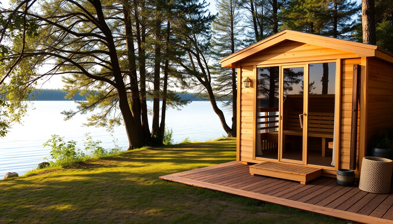 A peaceful lakeside retreat with a glass-fronted sauna overlooking the water.