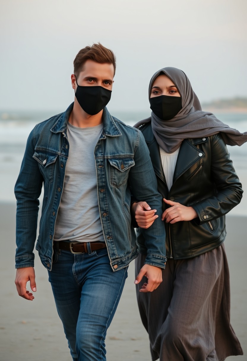 Jamie Dornan's head and body shot, handsome, black face mask, denim jacket, jeans, dating, love couple, with the biggest grey hijab Muslim girl, black face mask, beautiful eyes, black leather jacket, largest skirt, running together at the beach, hyper-realistic, street photography.