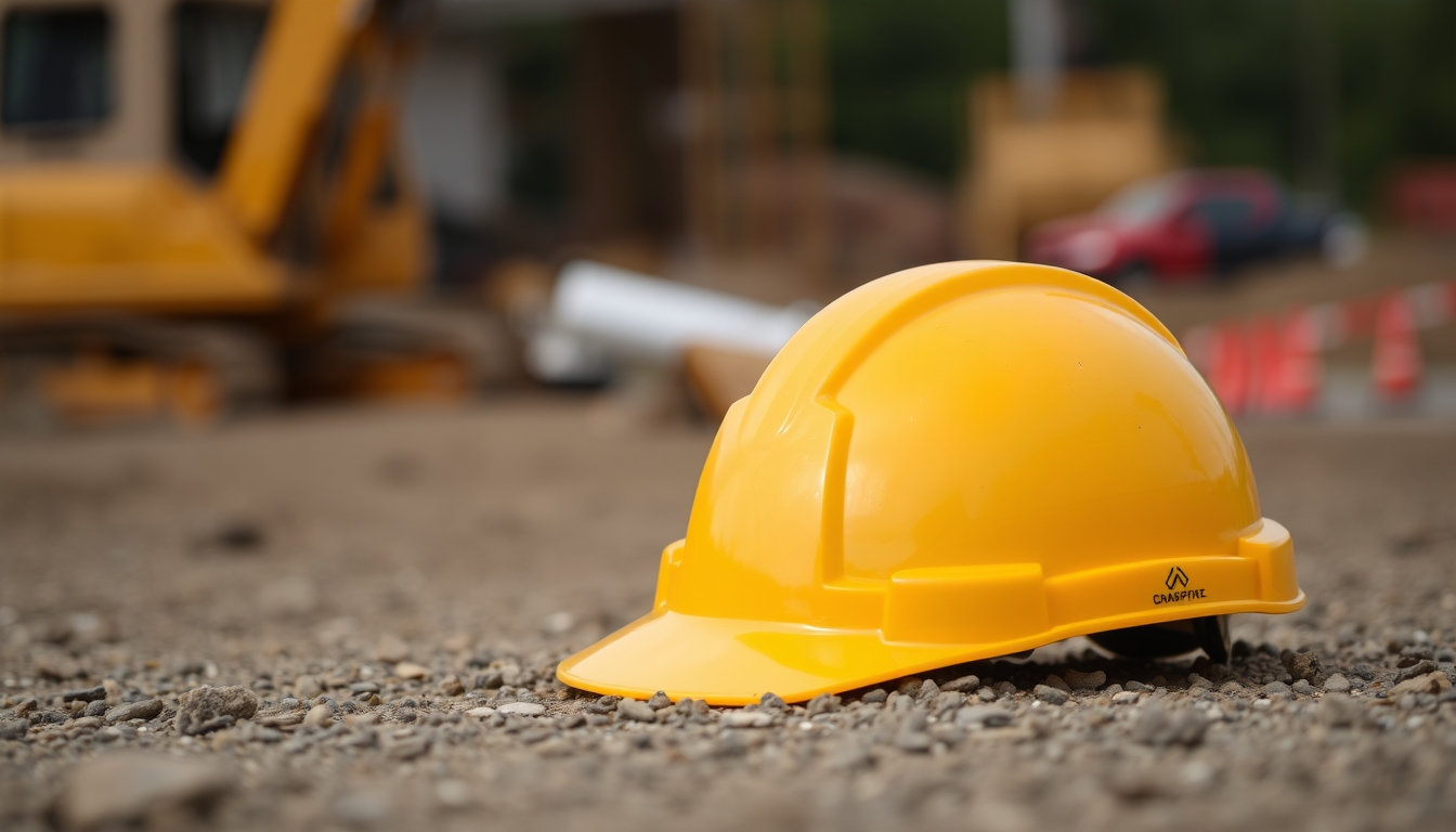 Yellow construction helmet on the ground with a blurred background of a construction area with machinery. - Image