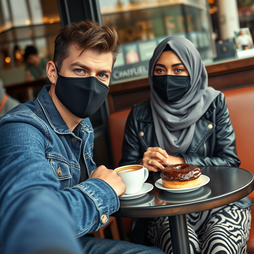 Jamie Dornan's head and body shot, handsome, black face mask, blue jeans jacket, jeans, dating a Muslim girl in a grey hijab with beautiful eyes, black face mask, black leather jacket, biggest zebra pattern skirt, at a cafe, 2 cups of latte, muffin cake, chocolate donut on a table, photorealistic, hyper-realistic, street photography, selfie. - Image