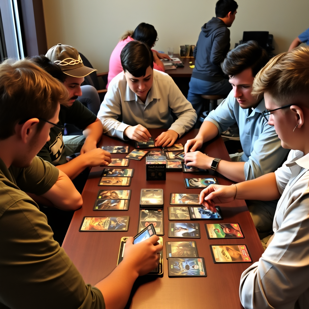 A photo of a group of people playing a collectible card game. The people are sitting around a table with the cards laid out in front of them. The cards are colorful and have different characters on them.