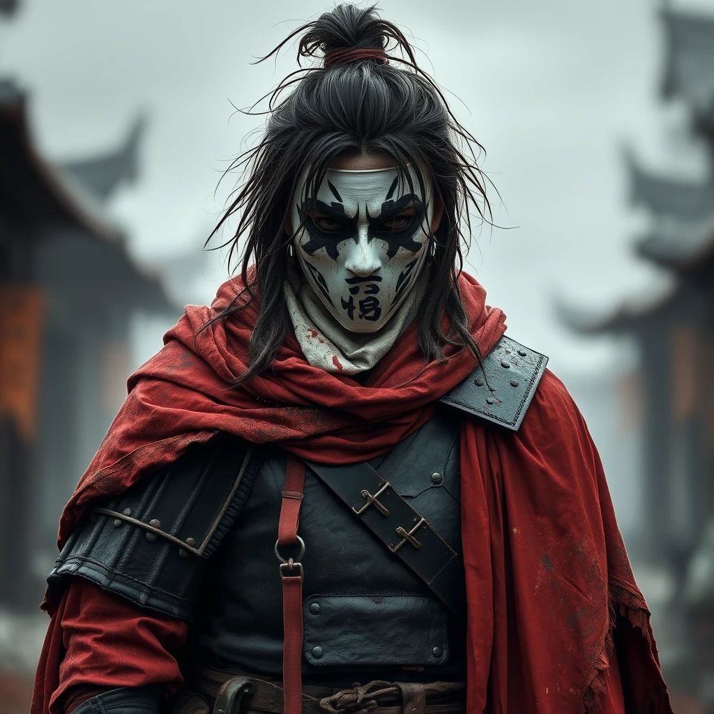 A weathered warrior stands in muted light, donning a tattered red cloak splattered with grime and darker reds, over a black battle-worn suit of armor, a white mask with black Asian calligraphy obscures the face, under messy long hair with a tied top-knot, all set against a blurry backdrop of gray structures and faint orange accents suggestive of. - Image