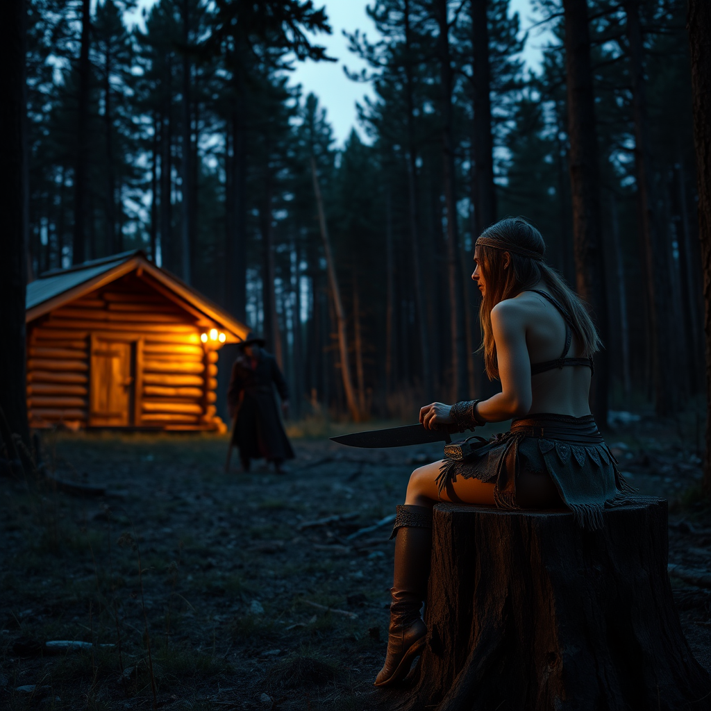 Real-life photography: In the evening, in the forest, there is a wooden cabin, and not far away, a female barbarian is sitting on a wooden stump, holding a dagger. In the distance, there is a dressed zombie wearing a hat, and she is watching the zombie.