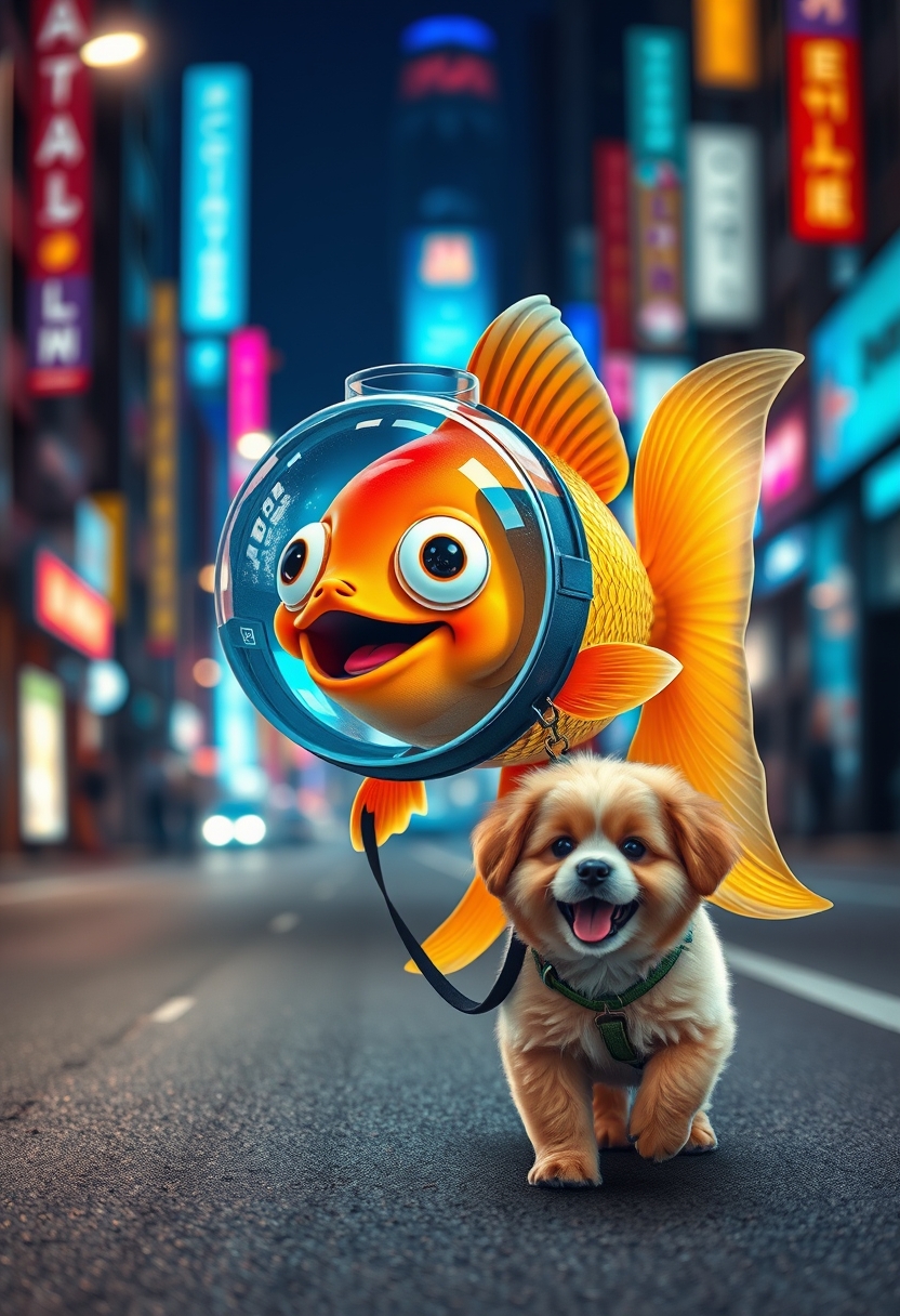 A cute happy goldfish wearing a fish bowl as a breathing mask (half filled with water) is walking a cute dog on a leash in the streets at night, surrounded by colorful city lights, happily laughing with its mouth open, a cute face, walking on fins (no legs), with a fluffy dog in front, in a silly walk, ultra realistic, realism.