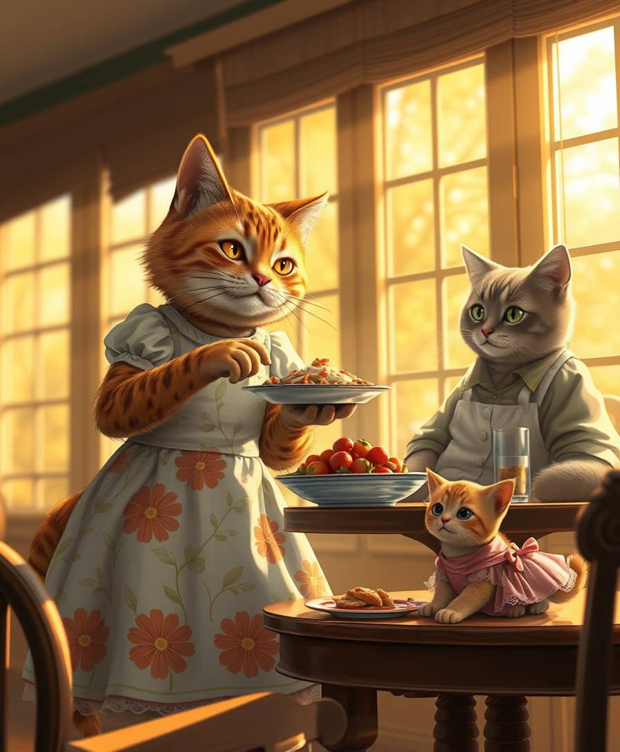 An anthropomorphic cat dressed in a floral print dress serves an appetizing dish. An anthropomorphic cat, dressed in a shirt, is sitting at a table. A small anthropomorphic kitten in a dress is sitting at a table. The warm and inviting atmosphere is complemented by golden sunlight pouring through the windows. - Image