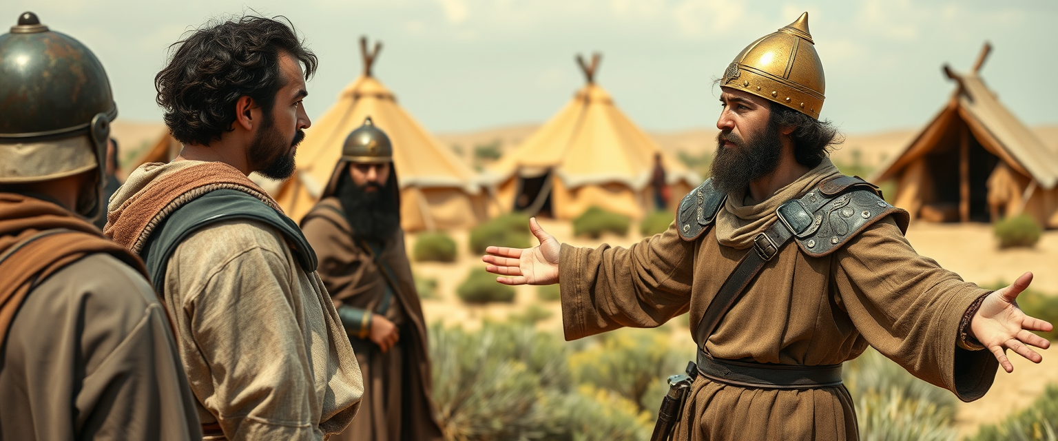 Create a scene of two men standing apart and arguing while four soldiers gather beside the man on the left. The man on the right is dressed in a simple shepherd's tunic; he is a young Jewish man with his arms stretched out to the sides, looking shocked. He has dark, messy, unkempt hair and a beard, and he gazes sternly at the left eye of the other man. The other man appears to be a middle-aged Jew with a black beard, wearing a full suit of biblical-era leather lamellar armor and a brass conical helmet with a pointed tip. In the background, there are Arabic army tents pitched on desert shrub land. The overall mood of the image is one of anxiety and concern. - Image