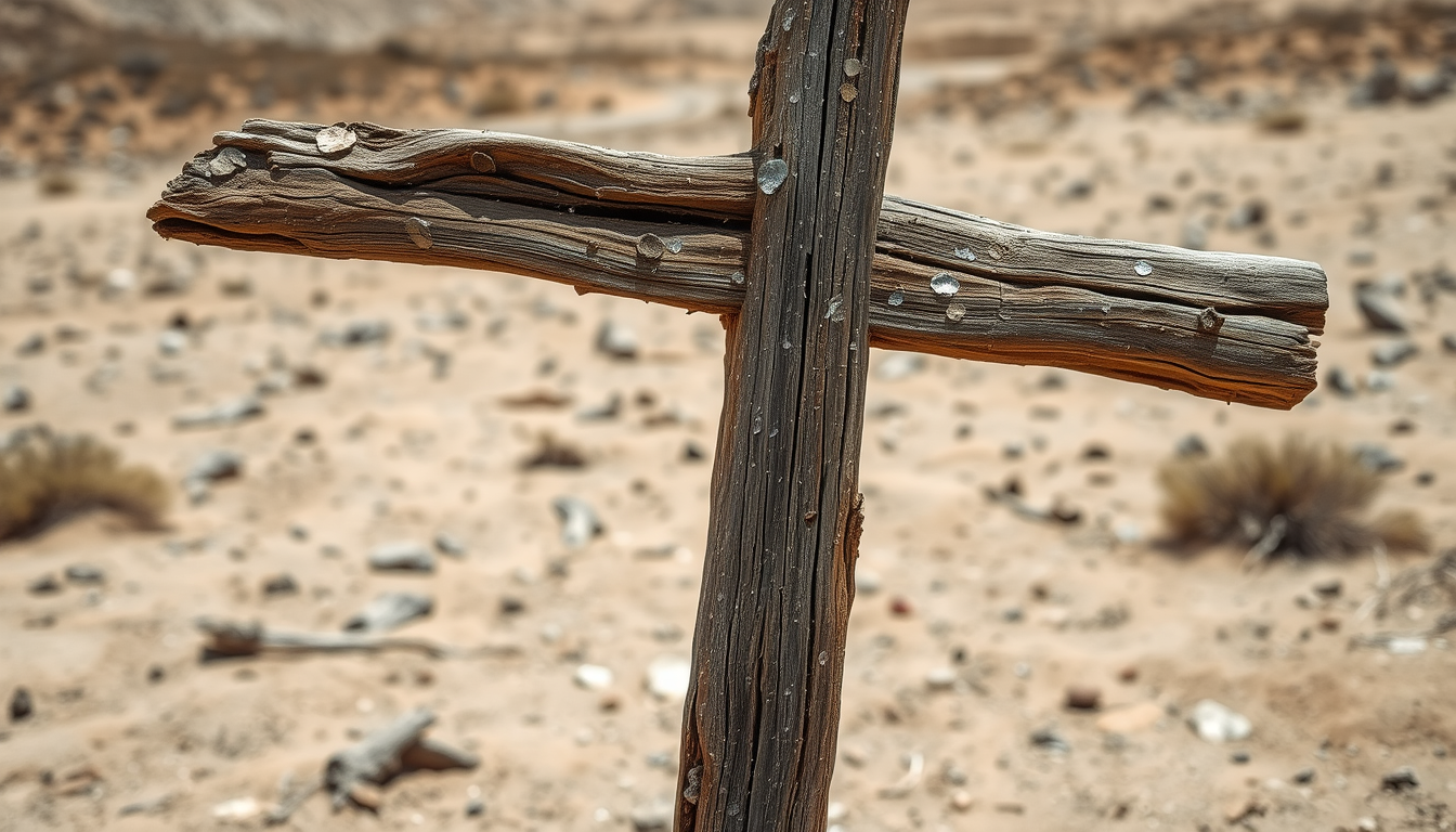 A wooden cross that is crumbling with visible signs of bad fungal degradation, wet rot, and dry rot. The cross is standing in a barren desert landscape. The overall feel is depressing and desolate.