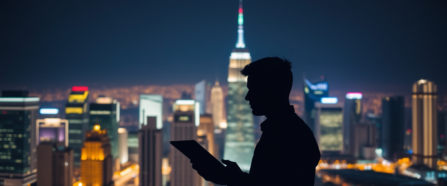 Silhouette of a Person Analyzing Financial Data with a Vibrant Cityscape Background at Night