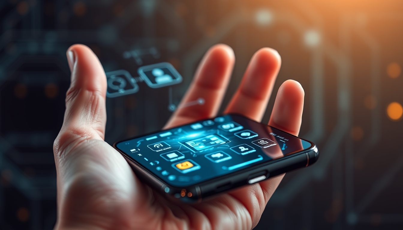 A close-up of a hand holding a futuristic smartphone, with holographic interfaces and glowing icons, set against a dark, tech-inspired background. - Image