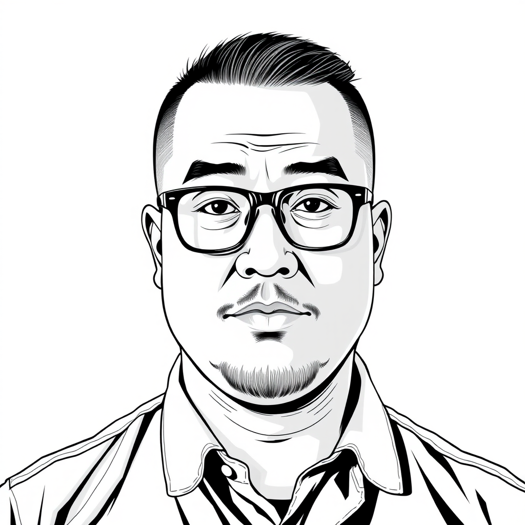 A cool black and white line drawing of a man around 35 years old, with a crew cut, Asian, wearing black thin-framed glasses, a slightly short beard on his chin, a shirt, a full face, clean and fresh skin, and a slightly overweight physique. - Image