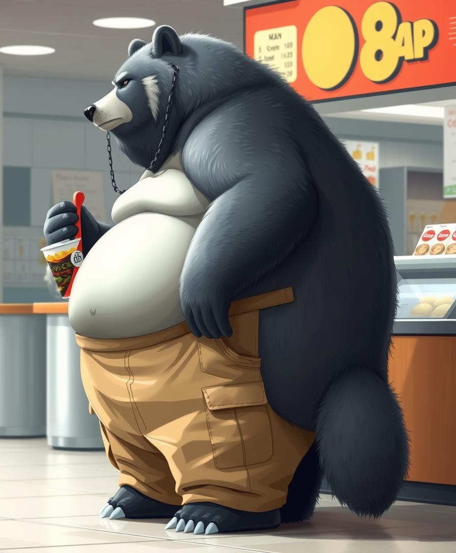 Quarter view, anthropomorphic obese gray bear-wolf hybrid, blended features. Gray and black fur with tan and white fur markings. He has a heavyset body, wide fat bottom, and fat wide double chins. Tan obese big fat baggy cargo pants. Obese double belly overflowing. Wide waist. Thick tail. Full body. Uncropped. Fluffy fur. Ordering food from a fast food restaurant. Digital art, semi-realistic. - Image