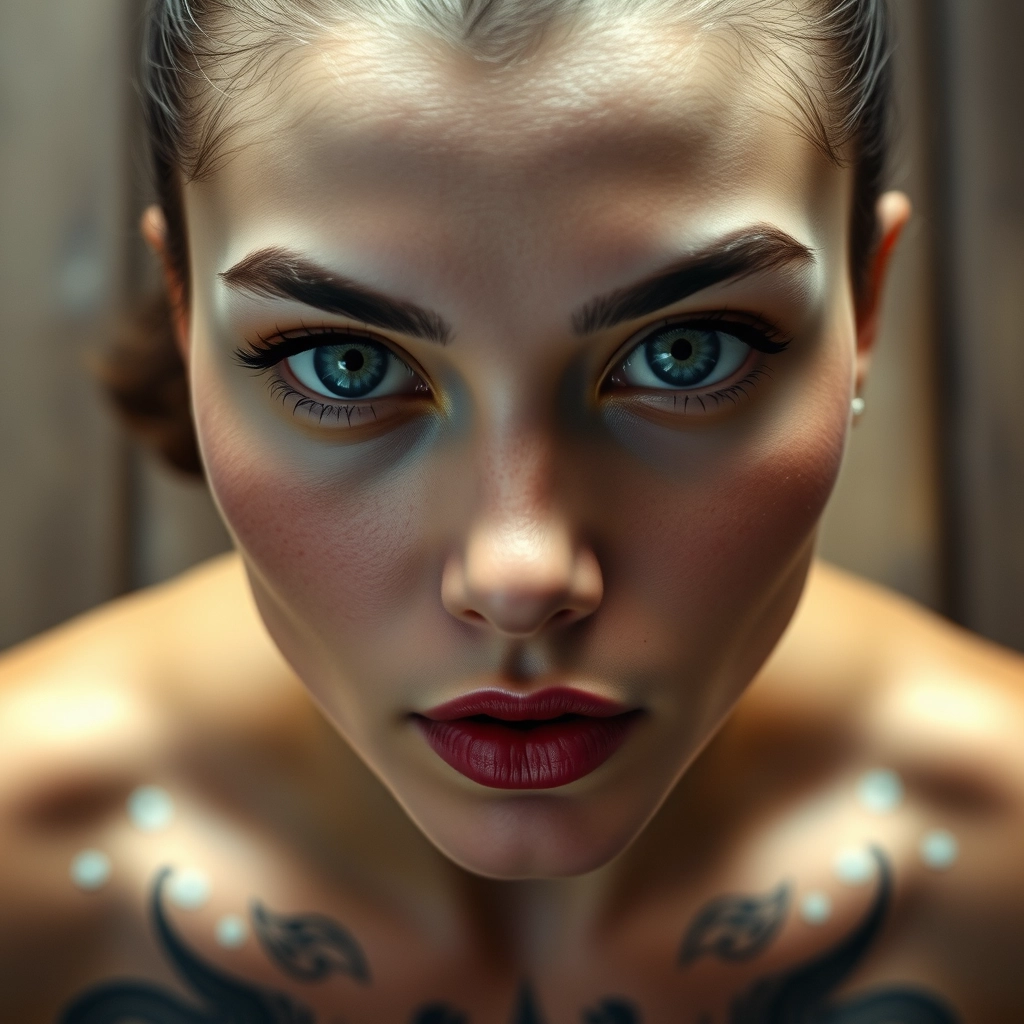 Chest to face shot of tattooed white-skinned muscular Korean Indian women with beautiful facial features and blue eyes looking above. - Image