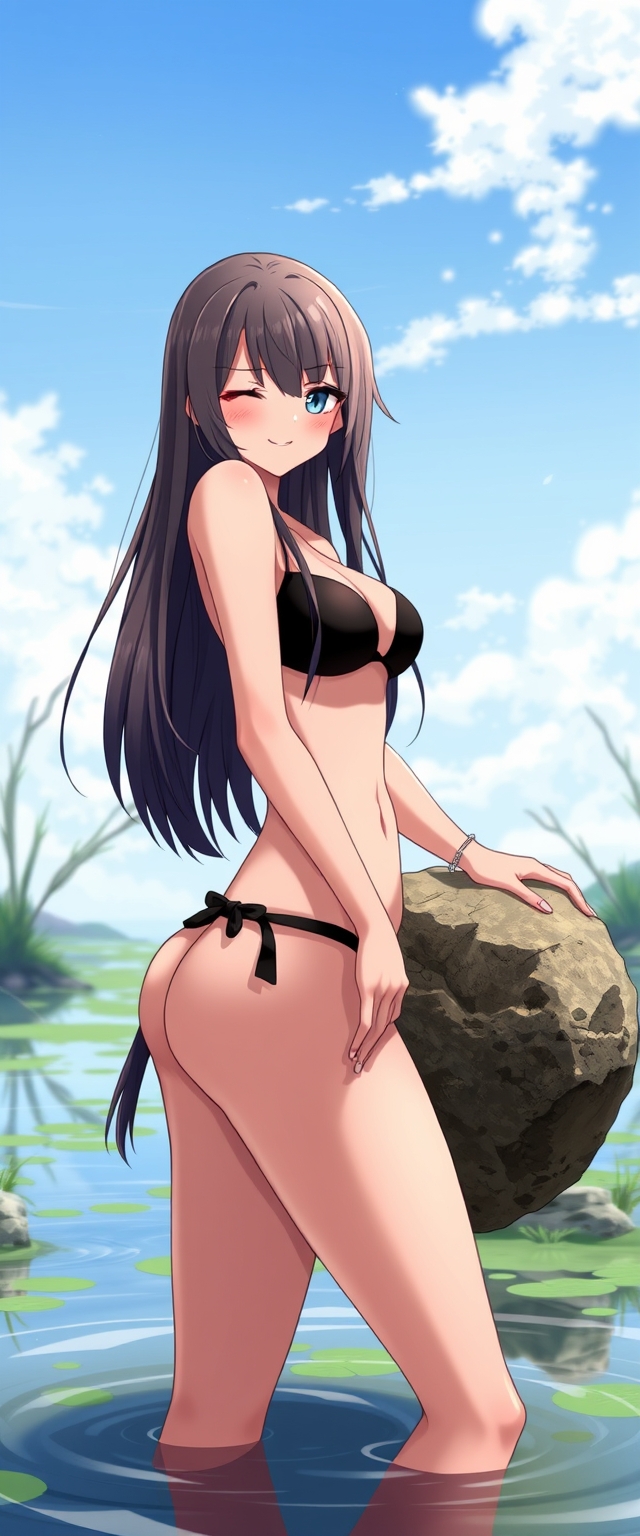 Anime style, a beautiful long-haired brunette Caucasian girl wearing a black bikini, smiling, winking, carrying a boulder, swamp location. - Image