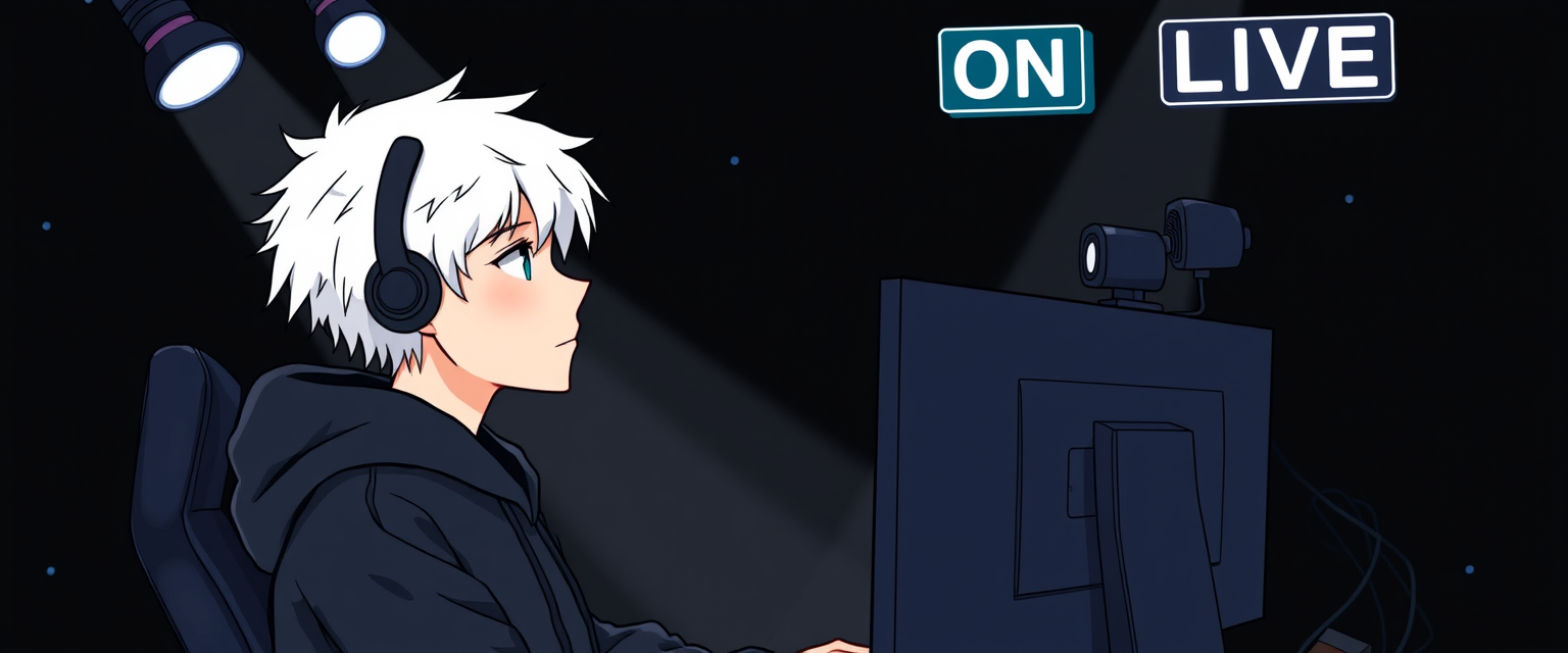 Image resembling a drawing of a boy with white hair and a black hoodie in a gaming setup with spotlights in front, looking at two monitors with black screens in a black room with few white neon lights and a small white sign that says ON LIVE at the top right, with a podcast-type microphone on his left side and a webcam-type camera on top of a monitor to his right. - Image