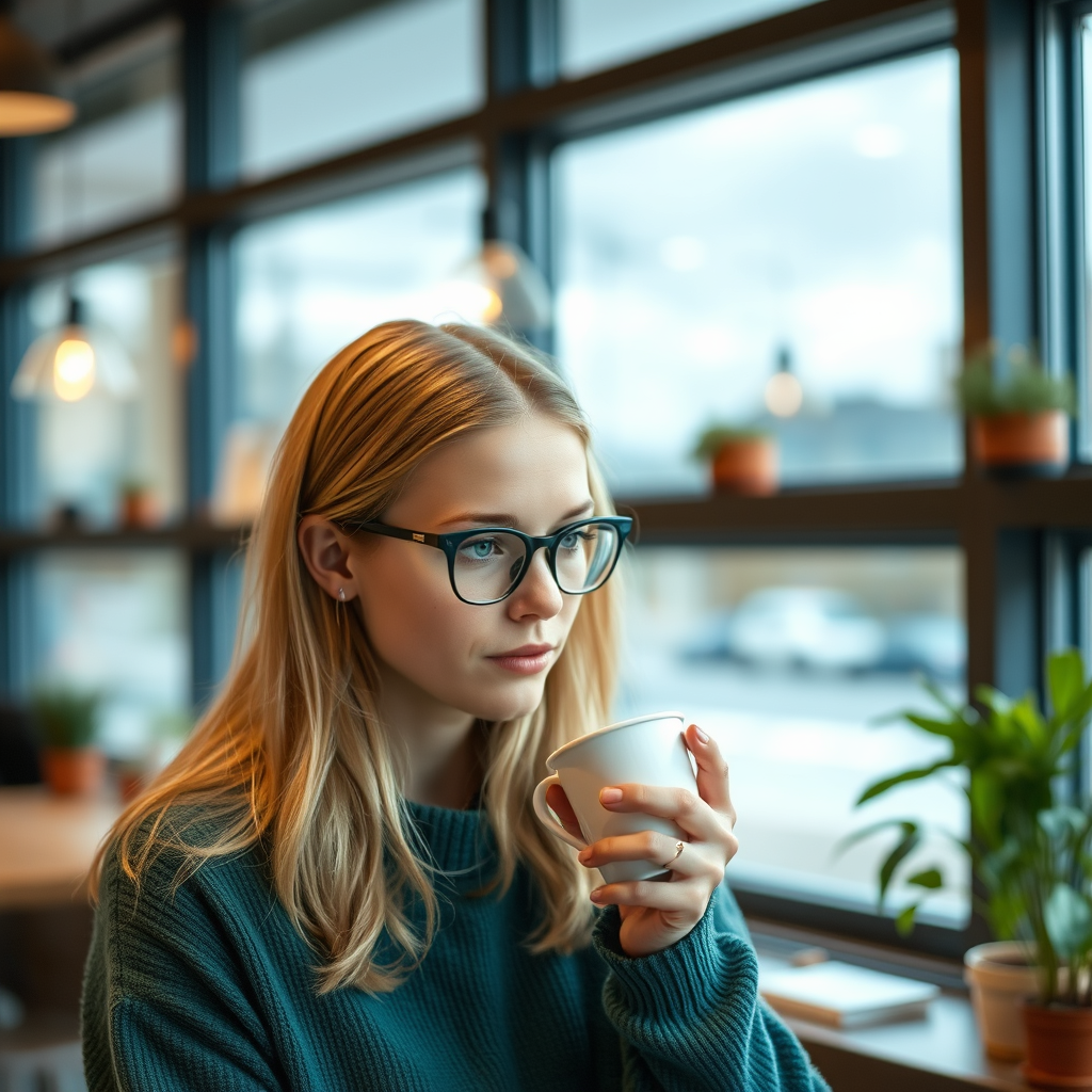 26 years old Swedish girl, a data scientist, drinking coffee, make more human like.