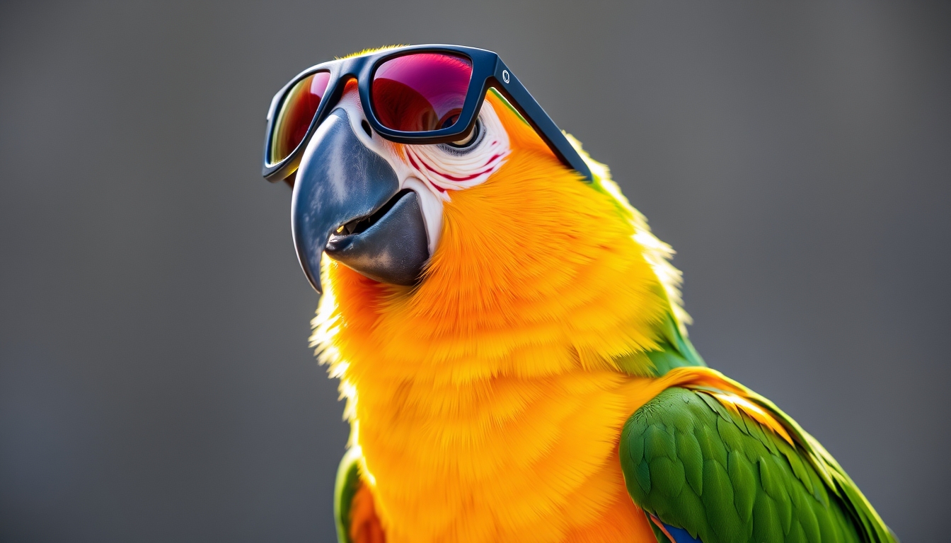 Parrot wearing sunglasses, animal bird portrait.