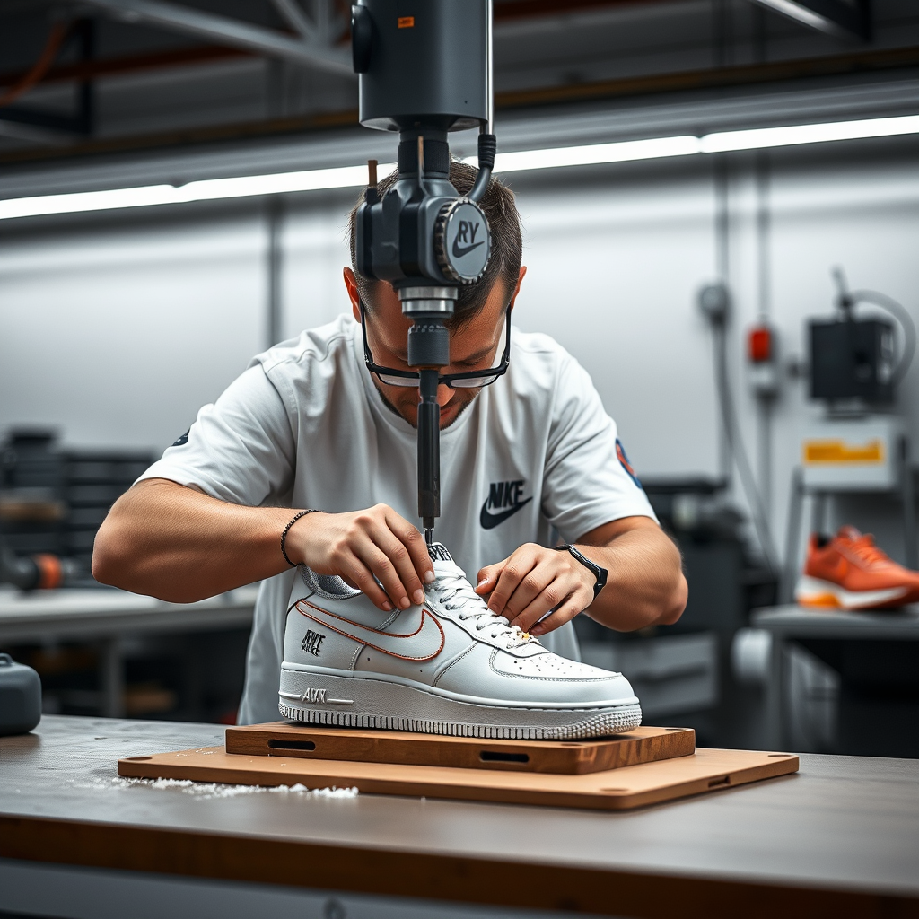 Modern cutting process for creating Nike shoes with company name RY.