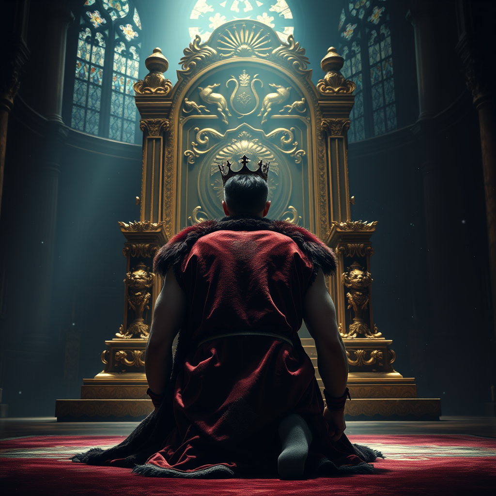 Main Character: A handsome and muscular king with short, dark hair and a chiseled jawline, wearing an intricately embroidered, velvet and ermine-trimmed crimson robe, is positioned on all fours, his head bowed to the ground in a posture of utter submission and fear. His body trembles slightly, conveying his apprehension and vulnerability. He is facing away from the viewer, his back and the crown on his head visible. Background: The immense golden throne dominates the scene, its towering presence casting a long, ominous shadow over the king. The throne is ornately carved with intricate details of mythical creatures and symbols of power. The setting is a dimly lit, vast hall with soaring stone arches and stained-glass windows, hinting at the grandeur and power of the kingdom. Dust motes dance in the single ray of light that illuminates the king from above. Visual Style: Photorealistic, dramatic lighting with a focus on the interplay of light and shadow, creating a somber and oppressive atmosphere. The color palette is rich and deep, with the gold of the throne contrasting sharply with the dark, muted tones of the hall and the king's robe. The overall composition should evoke a sense of power, fear, and the weight of responsibility. - Image