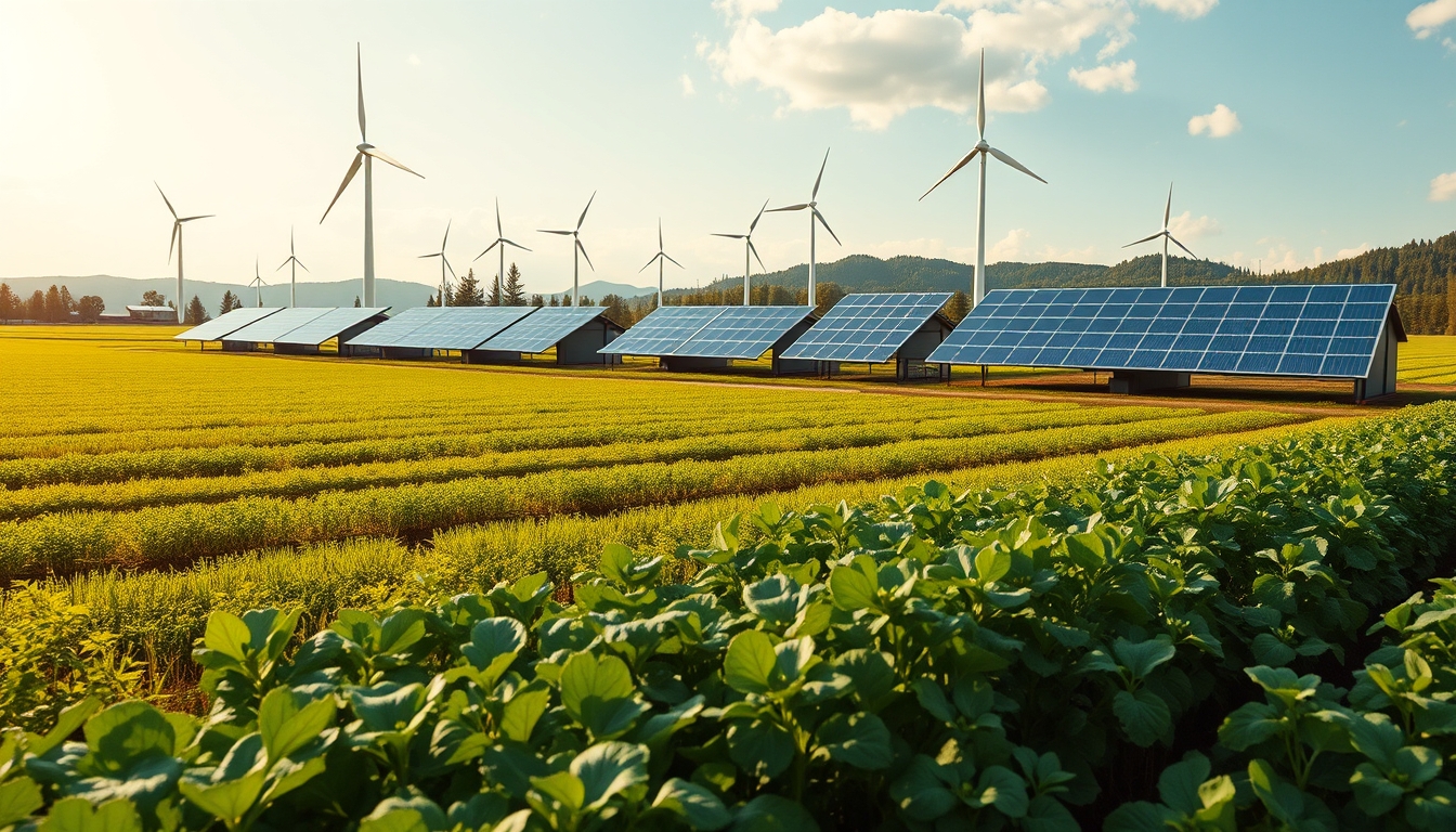 A wide-angle shot of a modern, eco-friendly farm with solar panels, wind turbines, and organic crops in the foreground.