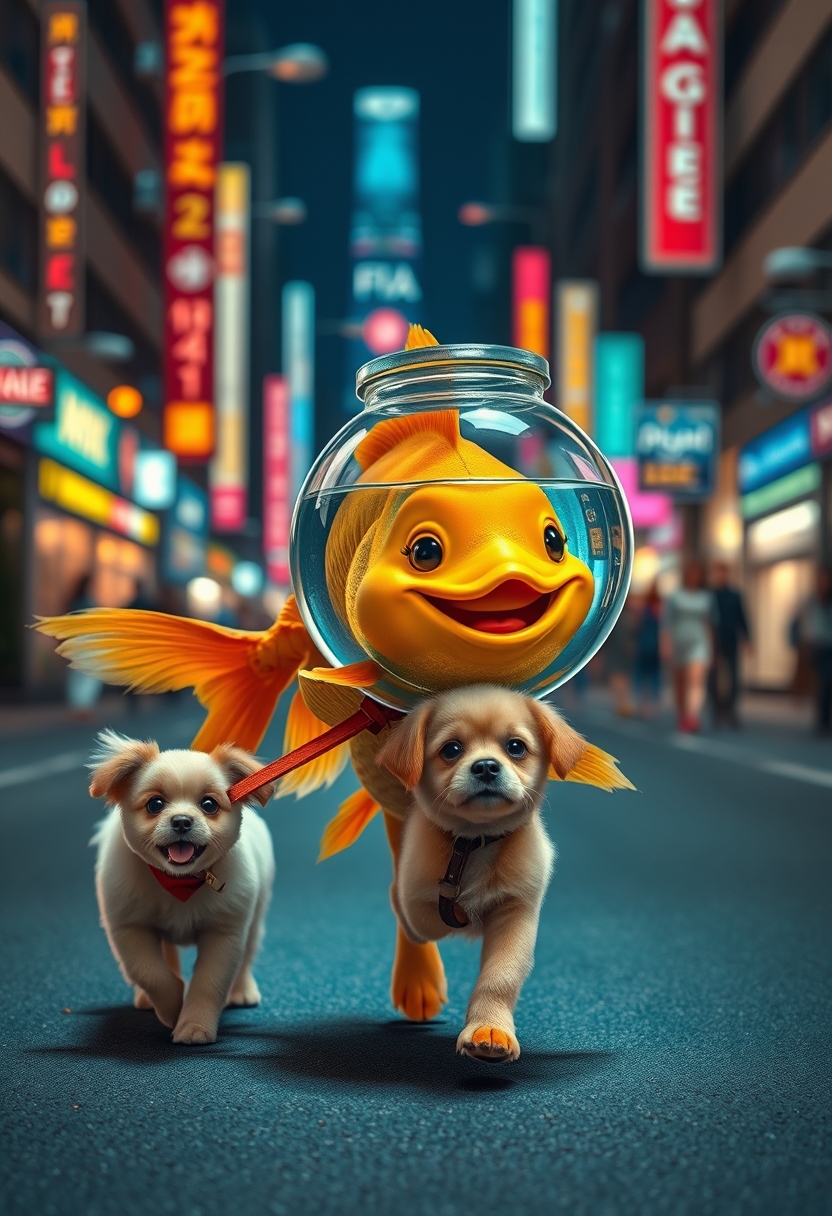 A cute, happy goldfish wearing a fishbowl as a breathing mask (half-filled with water) is walking a cute dog on a leash in the streets at night, with colorful city lights, happily laughing, mouth open, cute face, walking on fins (no legs), fluffy dog in front, silly walk, ultra-realistic, realism. - Image