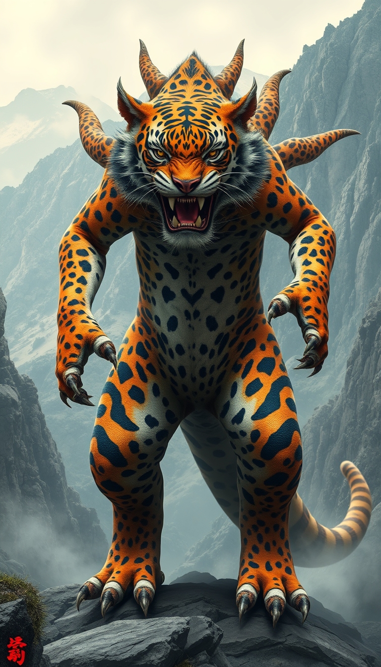 (Ultra-realistic) a monster that has a tiger head, leopard body pattern, 5 lion tails, China mountain background. - Image