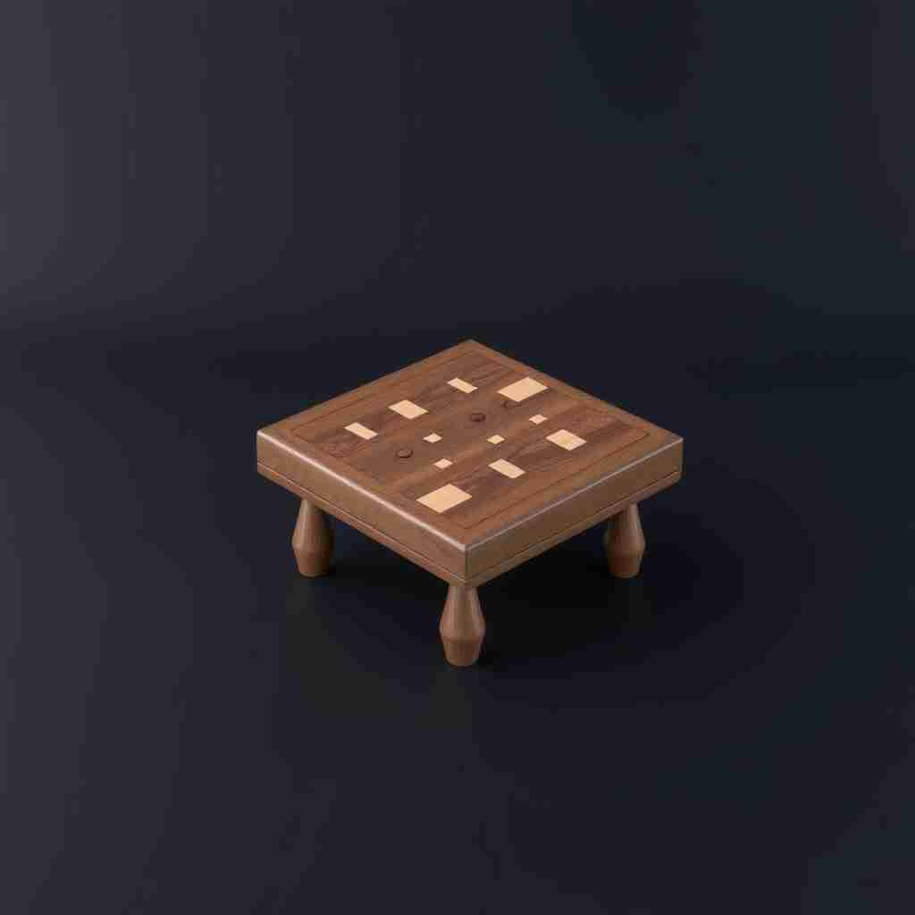 The image presents a 3D rendering of a board. The game board, made of wood, is the central focus of the image. It is a square board with a wooden top and a wooden bottom. The board has 4 legs. The board is set against a dark blue radial gradient background in an elegant dark brown color. - Image