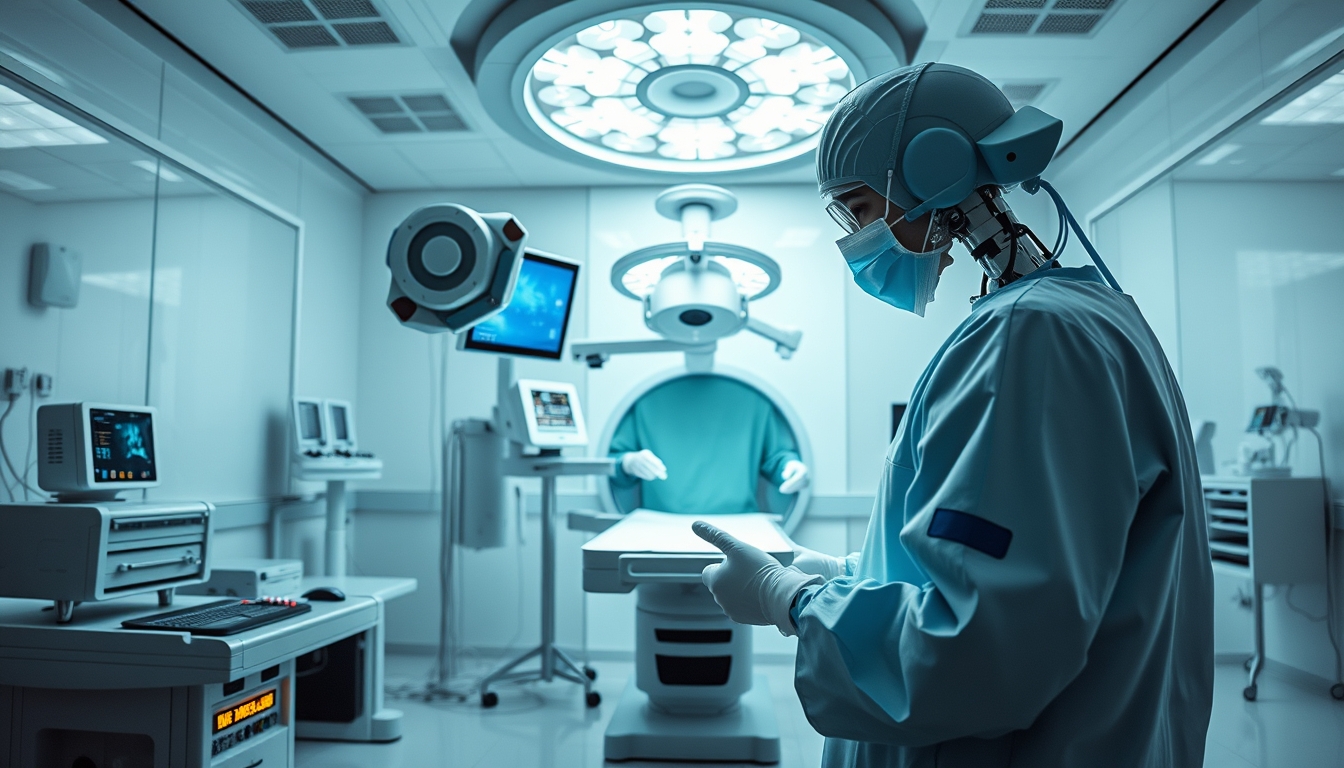 Smart healthcare facility with robotic surgery, depicting tech-driven health. - Image