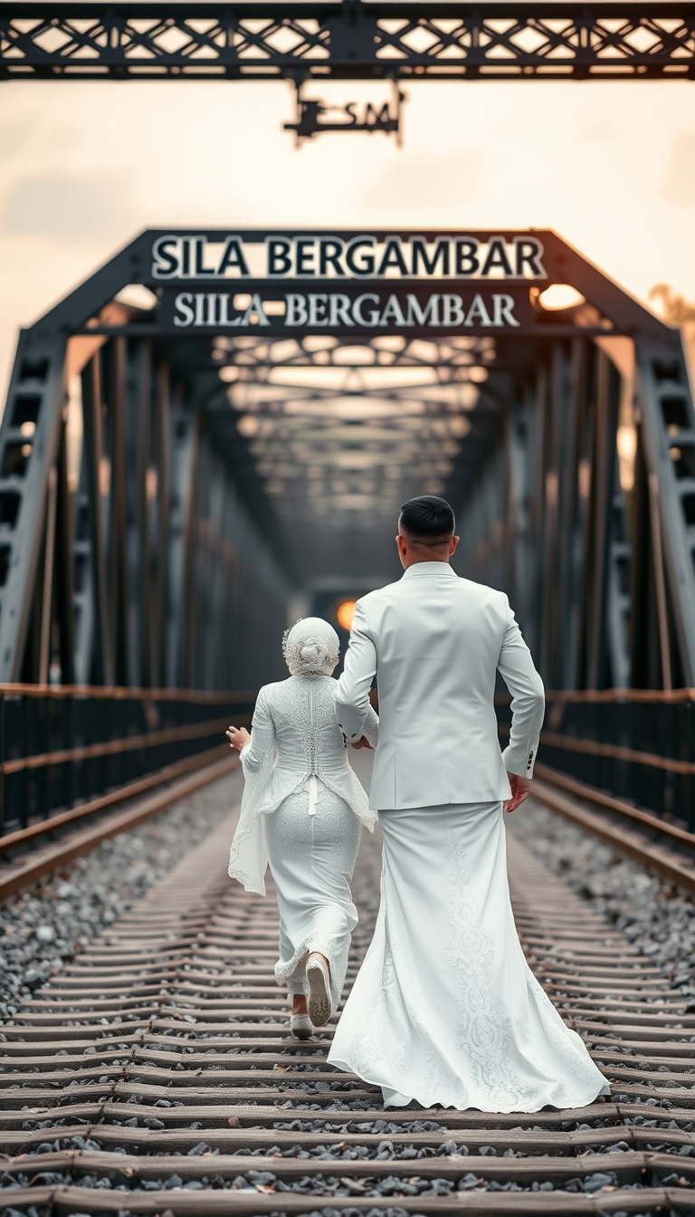 A captivating and surreal photograph of a couple adorned in traditional Malay white wedding attire. The bride dons a stunning "pengantin" outfit, while the groom stands tall and confident. They are seen racing towards a mysterious and ominous black metal bridge. The bridge symbolizes their passage into a new chapter of their lives together. The Malay text "SILA BERGAMBAR" hangs above them, adding an enigmatic touch. The dramatic scene is further intensified by a bokeh background and the TRAIN IS COMING. This image masterfully blends love, adventure, and suspense, creating a unique fusion of emotions. TRAIN ON BACKGROUND, GOLDEN HOUR. - Image