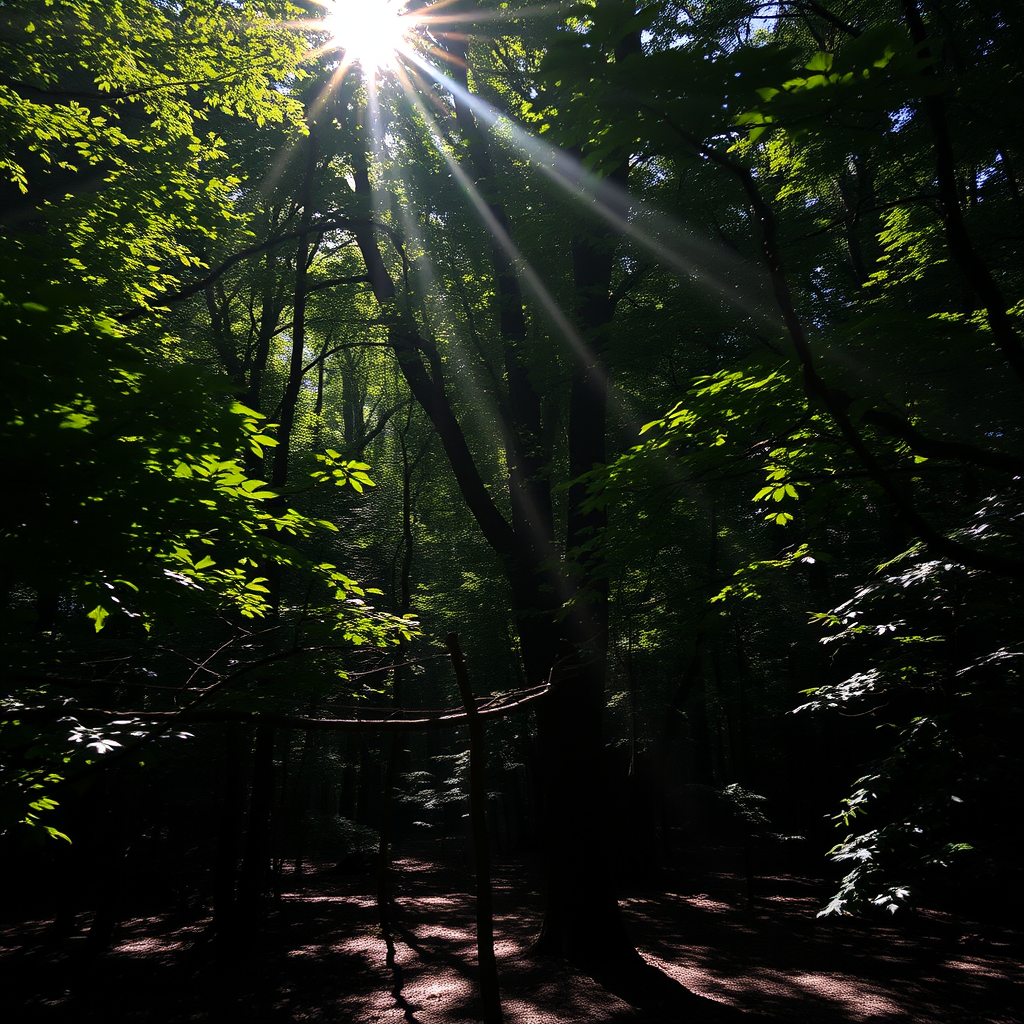 In the depth of the forest, sunlight filters through the thick foliage, casting a complex web of light and shadow. The leaves appear translucent as the light passes through them, and the shadows are deep and rich. The ground is a patchwork of light and darkness.