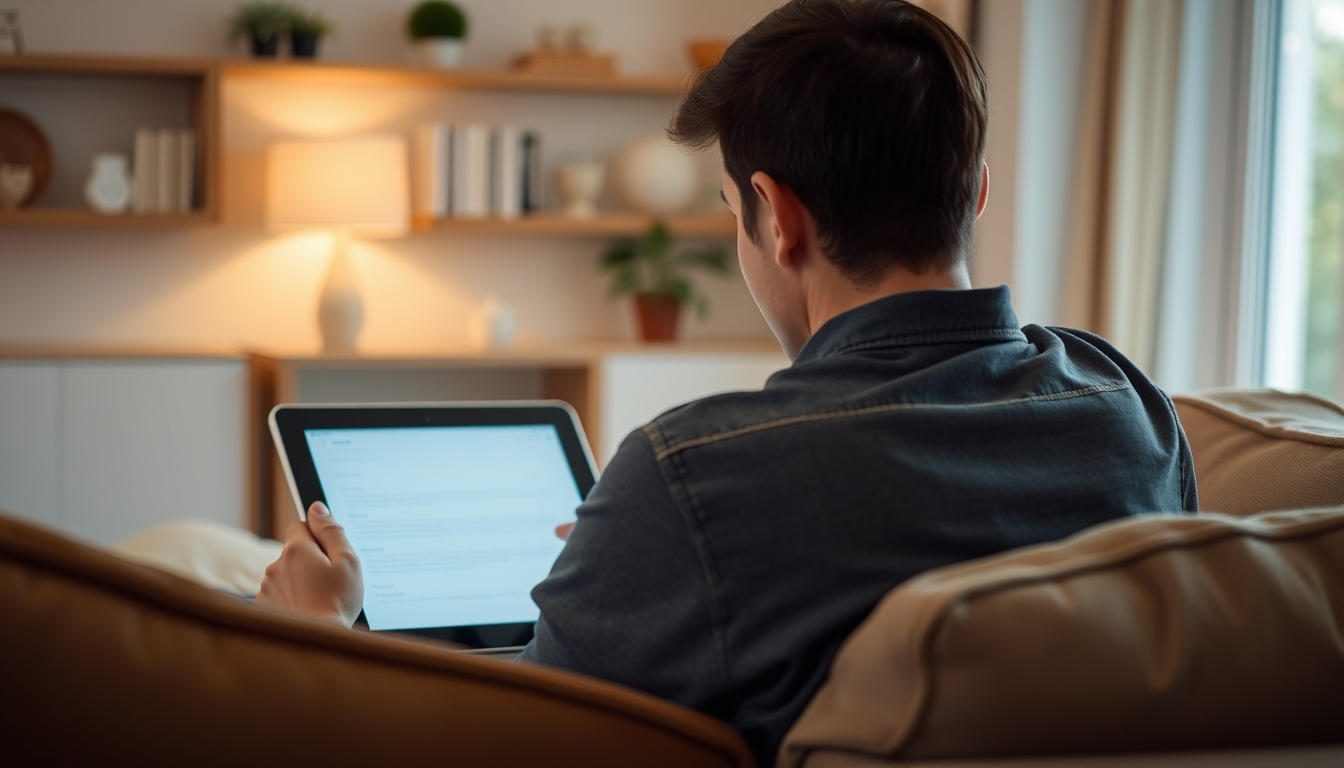 A person is sitting at home on the sofa and looking at a tablet. View over the person's shoulder. - Image