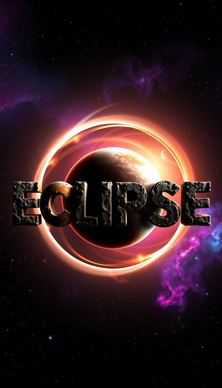 Main Character: The word "ECLIPSE" formed entirely from a diverse arrangement of terrestrial and gas planets. Each letter is represented by a unique and distinct planet, showcasing the incredible variety and beauty of celestial bodies. The terrestrial planets, representing the letters E, C, L, I, P, and S, are rocky and varied in appearance, with craters, mountains, and diverse geological features. The gas giant representing the letter E is a swirling mass of vibrant colors and atmospheric turbulence.  
Background: The background is the infinite expanse of deep space, a canvas of twinkling stars and distant galaxies. Nebulae in vibrant hues of purple, blue, and pink add depth and a sense of cosmic wonder. The darkness of space provides a stark contrast to the illuminated planets, making them stand out dramatically.  
Visual Style: The visual style should be photorealistic, resembling images captured by powerful telescopes, showcasing the awe-inspiring beauty and grandeur of space. The planets should be rendered with incredible detail, highlighting their unique textures, atmospheres, and features. The lighting should be dramatic, with the light from a nearby star casting long shadows and illuminating the planets in a way that emphasizes their three-dimensional form. The overall tone should be one of wonder, awe, and the vastness of the universe.