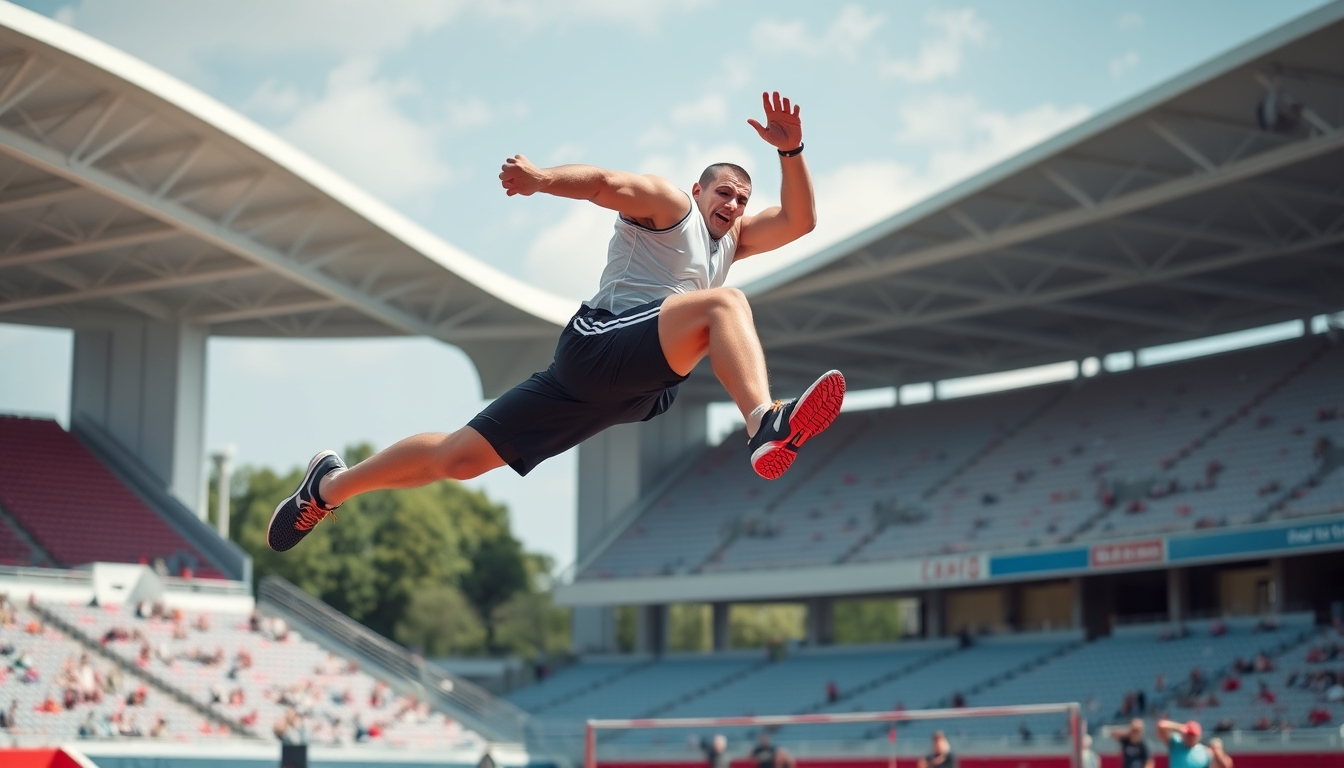 A dynamic shot of an athlete in mid-air, performing a high jump in an outdoor stadium, with a focus on strength and movement. - Image