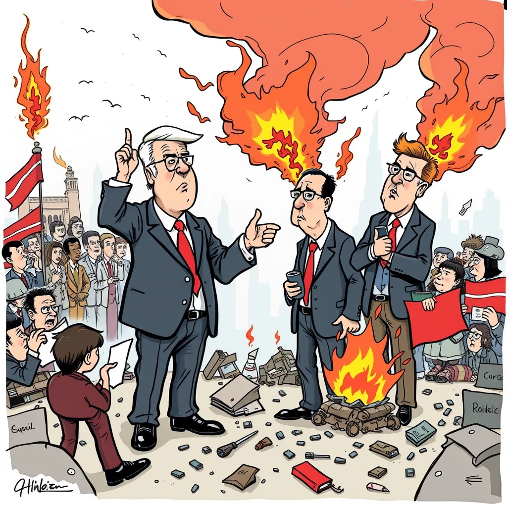 "Create a political cartoon that satirizes the incompetence and mistakes of politicians in dealing with society's various problems. Show politicians as clueless or indifferent, perhaps fiddling or engaging in trivial activities while the world around them burns or crumbles. Illustrate the growing issues like economic crisis, social unrest, and rising extremism being ignored or mishandled by these leaders. The cartoon should convey a sense of frustration with the political leadership's failure to address critical issues."