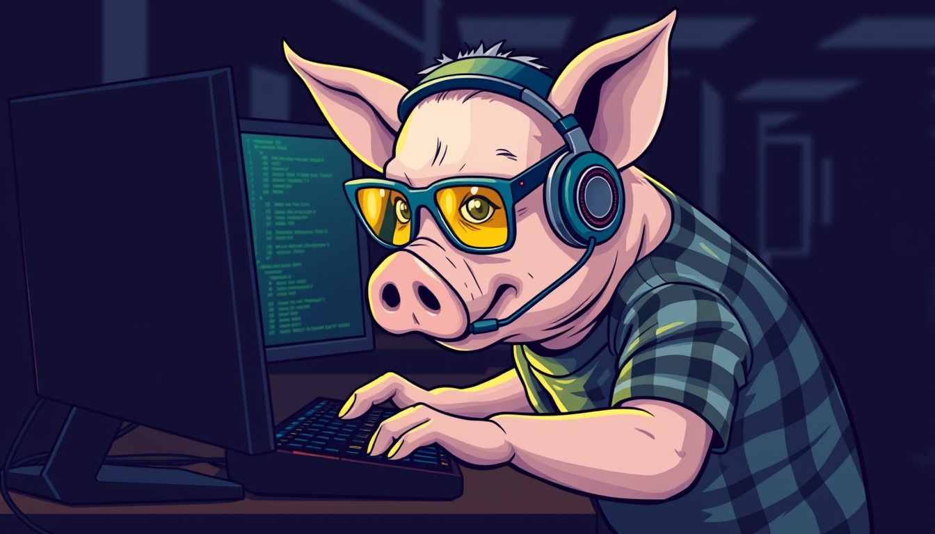 A tech-savvy pig coder, wearing yellow-tinted glasses and sleek noise-cancelling headphones, hunches over a cutting-edge multi-monitor setup. The anthropomorphic pig exudes focus, typing furiously while wearing a plaid t-shirt.